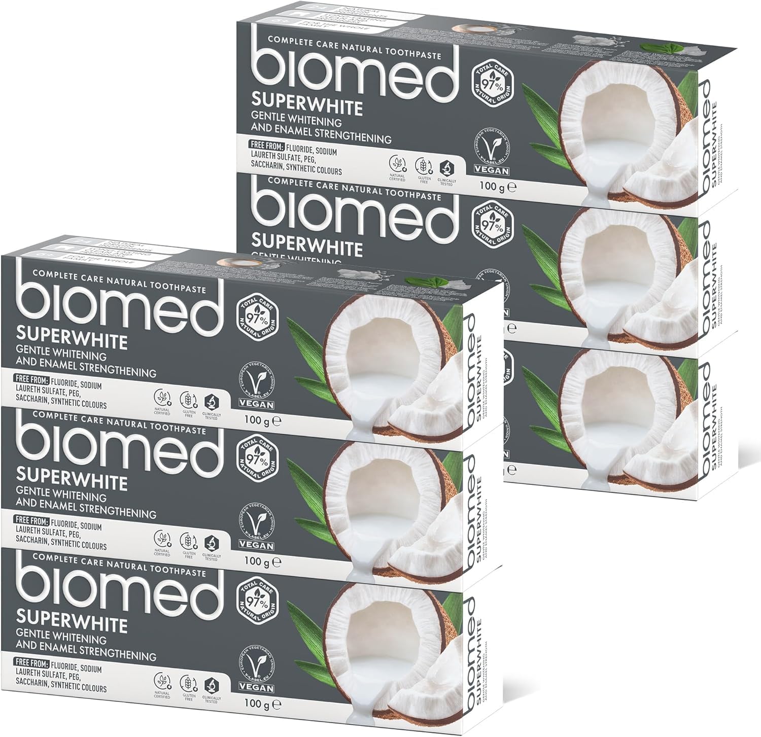 Biomed Superwhite 97% Natural Whitening Toothpaste | Enamel Strengthening | Coconut Flavour, Vegan, Sles Free 6X100G