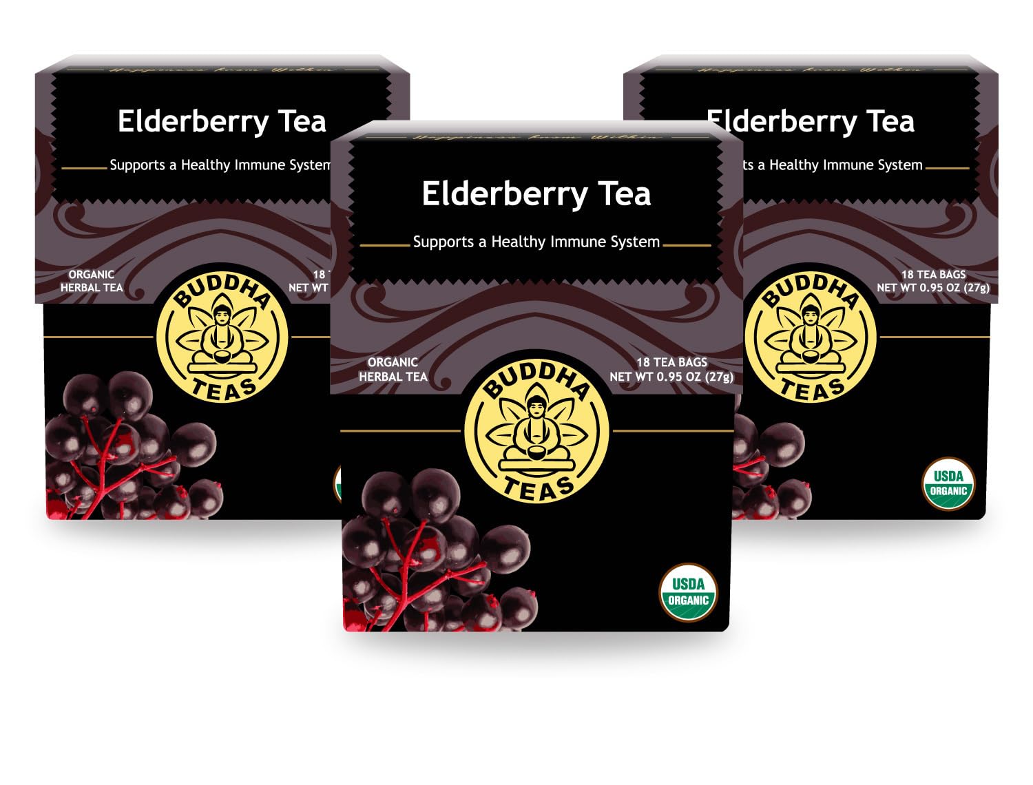 Buddha Teas Organic Elderberry Tea - Kosher, Caffeine-Free, Gmo-Free - 18 Bleach-Tea Bags, Pack Of 3