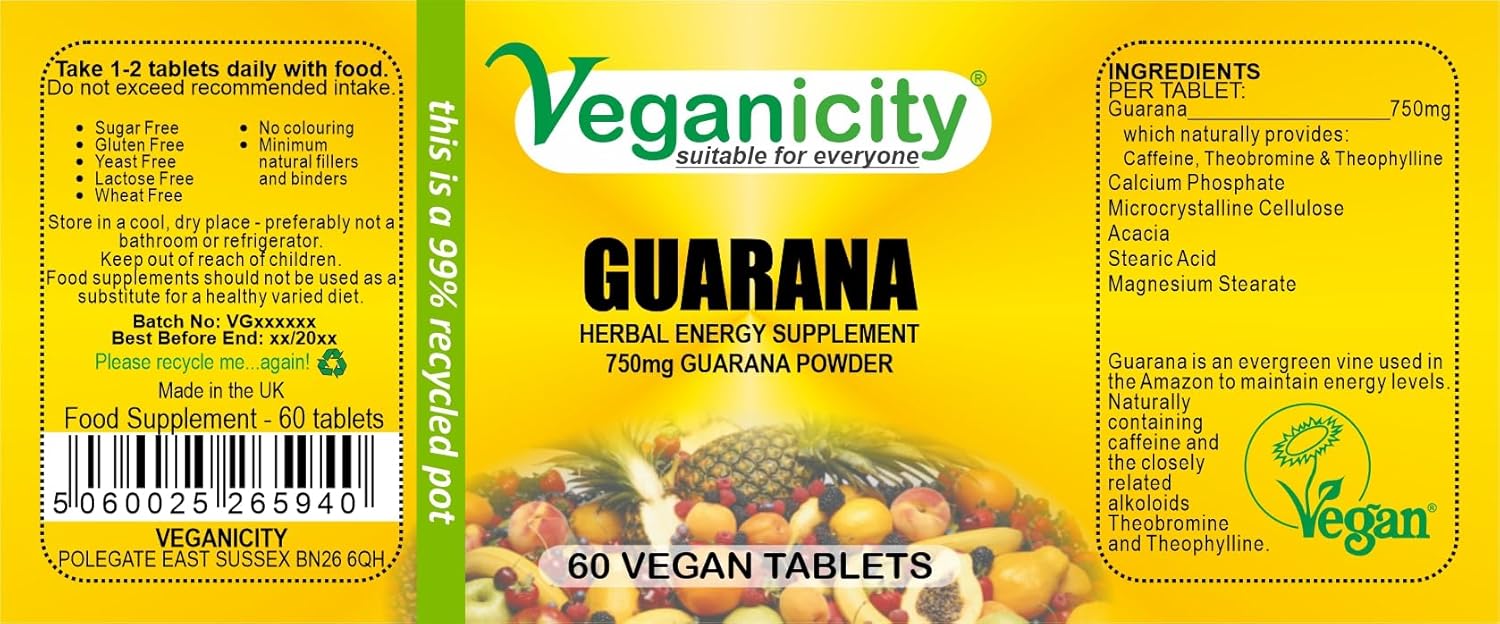 Veganicity Guarana 750Mg : Energy & Focus Supplement : 60 Tablets, In A Planet-Friendly 99% Recycled Pot