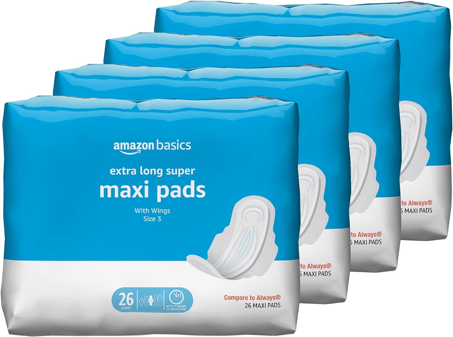 Amazon Basics Thick Maxi Pads with Flexi-Wings for Periods, Extra Long Length, Super Absorbency, Unscented, Size 3, 104 Count (4 Packs of 26) (Previously Solimo)