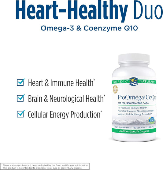 Nordic Naturals ProOmega CoQ10 - Fish Oil, 650 mg EPA, 450 mg DHA, 100 mg CoQ10, Promotes Neurological Health and Cellular Energy Production*, 120 Soft Gels