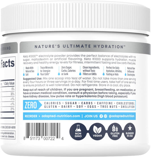 Hi-Lyte Keto K1000 Electrolyte Powder | Unflavored | Hydration Supplement Drink Mix | Boost Energy & Beat Leg Cramps | No Sugar, No Stevia, No Maltodextrin | 50 Servings