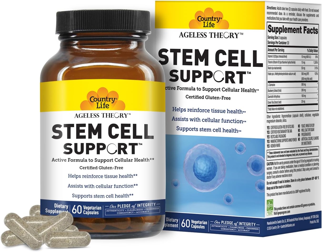 Country Life Ageless Theory Vegetarian Capsules - Certified Gluten Free, Kosher, Vegetarian - Tissue Health, Cellular Function,Stem Cell Health,Supports Healthy Aging Anti Aging, Certified Igen