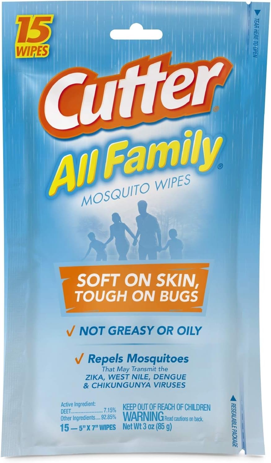 Cutter All Family Mosquito Wipes, Insect Repellent, Repel Mosquitoes, Ticks, Gnats, Fleas & More, 7% Deet 15 Count