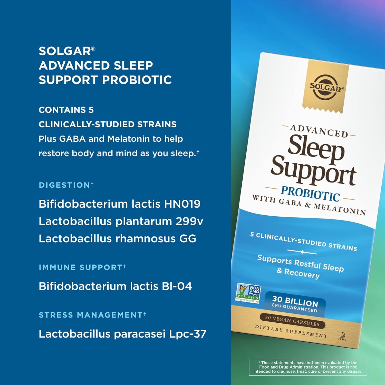 Solgar Advanced Sleep Support Probiotic with GABA & Melatonin, 30 Vegan Capsules - 30 Billion CFU - 5 Clinically-Studied Strains - Support for Restful Sleep & Recovery - Non-GMO & Vegan, 30 Servings : Health & Household