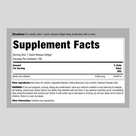 Piping Rock Biotin 5000mcg Softgels | 150 Count | Non-GMO, Gluten Free Supplement