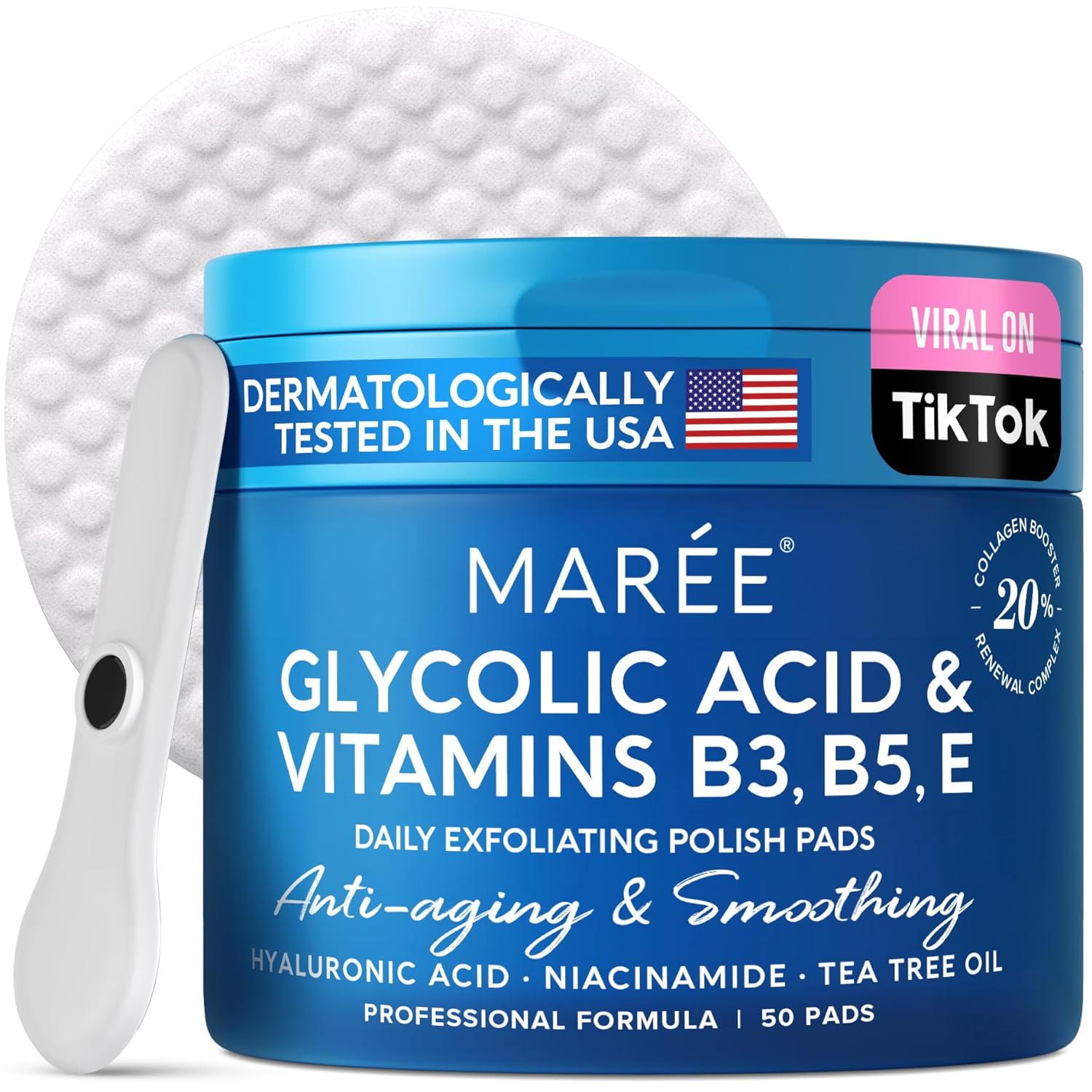 Maree Facial Polish - Glycolic Acid Peel Pads For Face With Tea Tree Oil - Exfoliating Polish With Salicylic Acid & Vitamins E, B3, B5 - Face Pads With Skin Peeling & Deep Cleaning Effect - 50 Pads