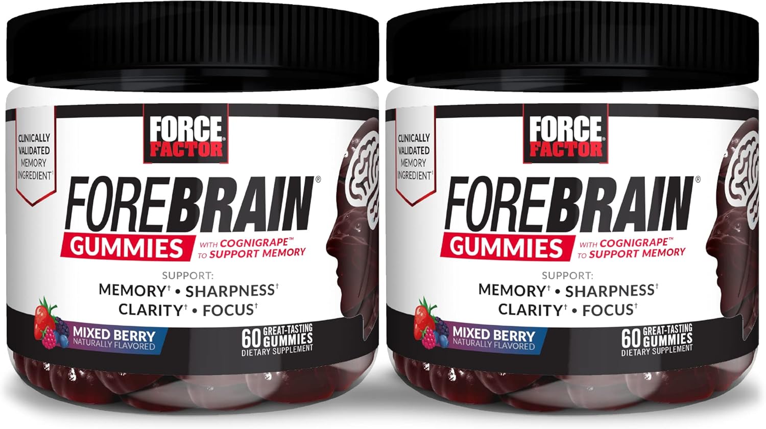 Force Factor Forebrain Gummies, 2-Pack, Nootropic Brain Support Supplement For Memory And Focus, Brain Vitamin With Cognigrape, Huperzine A, Focus Gummies To Support Recall And Sharpness, 120 Gummies