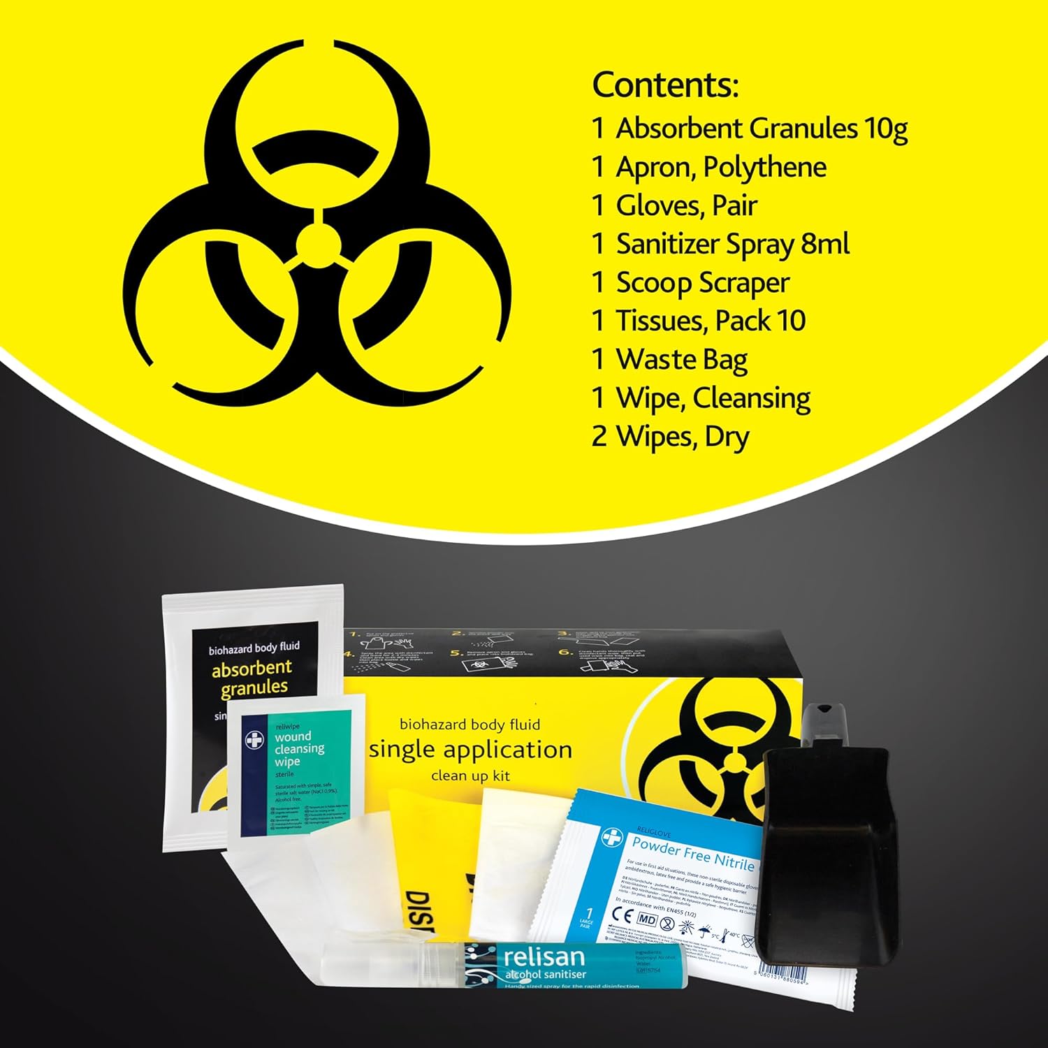 Reliance Medical - Biohazard Body Fluid Clean-Up Kit - 2 Single Application Packs- Black/Yellow Wall Mountable Box & LEWIS-PLAST Premium First Aid Kit, 90 Count (Pack of 1) : Amazon.co.uk: Business, Industry & Science