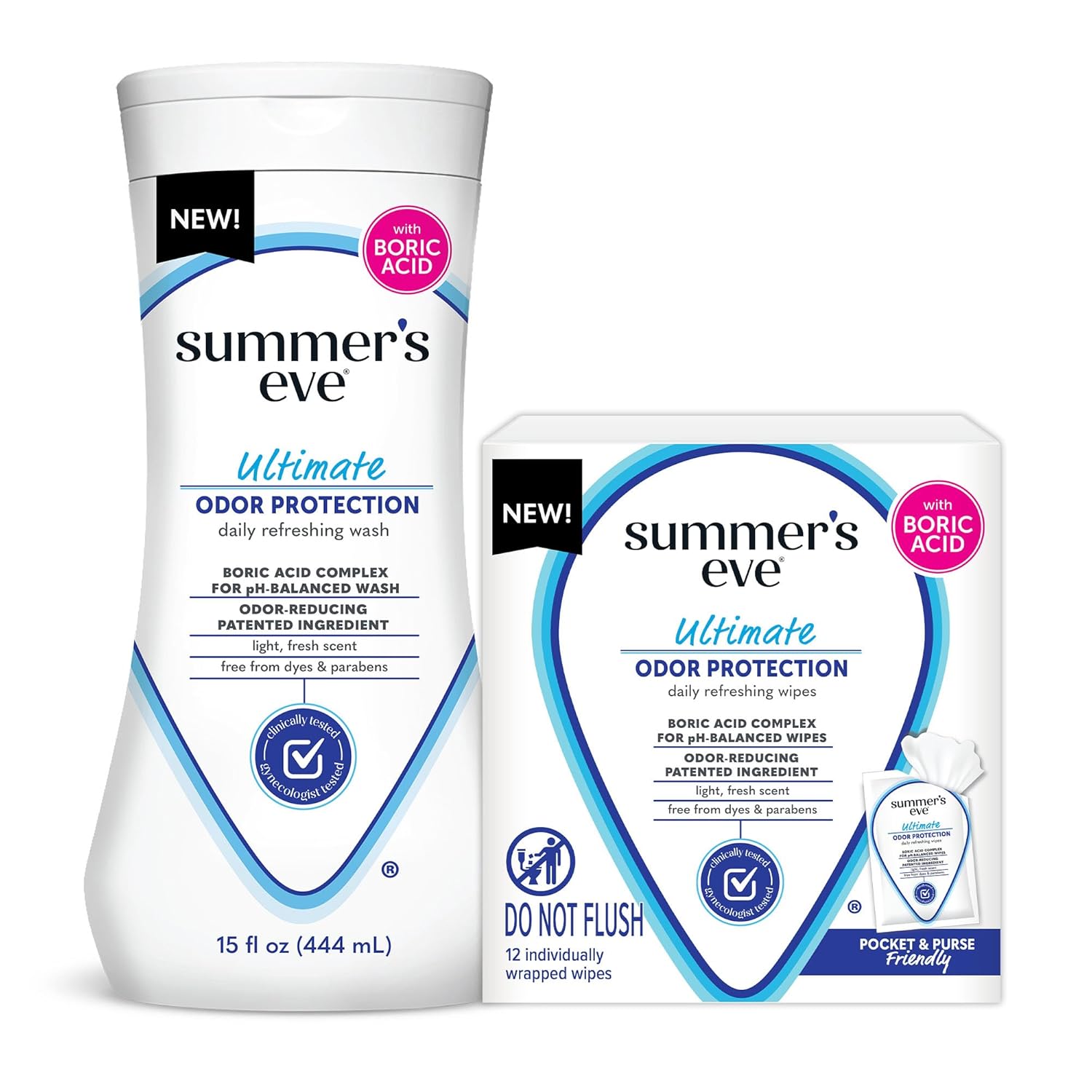 Summer'S Eve Feminine Wash 15 Fl Oz & Wipes 12 Ct Bundle With Boric Acid Complex, Clinically Tested Ph Balanced Vaginal Odor Control