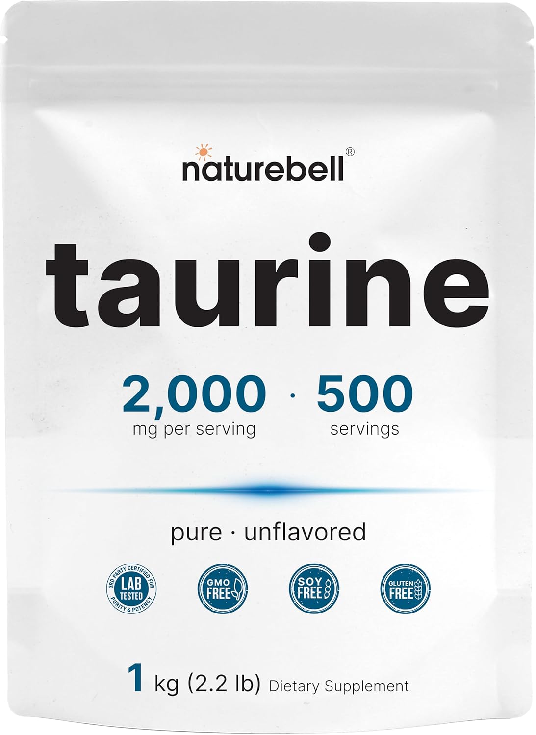 Naturebell Pure Taurine Powder, 2.2Lbs(1Kg), 2000Mg Per Serving| L-Taurine Supplement, Essential Amino Acids, Bioavailable Free Form|Heart Health Supplement, Gluten-Free, Pet Friendly