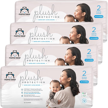 Amazon Brand - Mama Bear Plush Protection Diapers - Size 2, One Month Supply, Hypoallergenic Premium Disposable Baby Diapers, 184 Count (Pack Of 4), White And Cloud Dreams