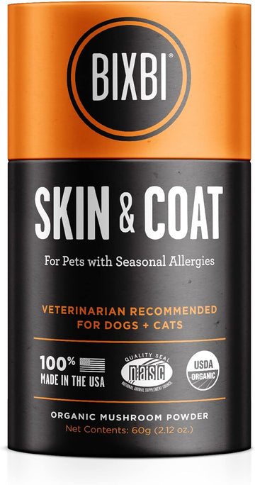 BIXBI Dog & Cat Skin & Coat Support, 2.12 oz (60 g) - All Natural Organic Pet Superfood - Daily Mushroom Powder Supplement - USA Grown & USA Made - Veterinarian Recommended for Dogs & Cats