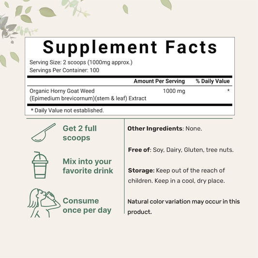 Maximum Strength Organic Pure Horny Goat Weed With Active Icariins For Men And Women, 100 Grams, Organic Epimedium Powder For Energy And Immune System Booster, Filler Free And Vegan Friendly