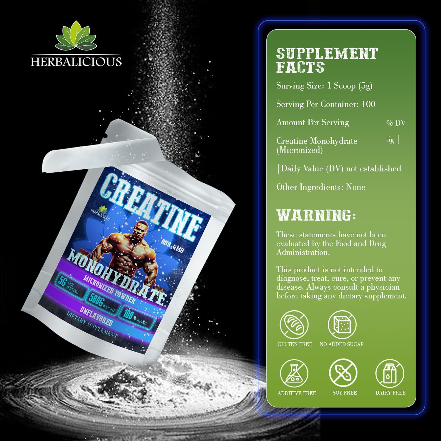 Herbalicious Creatine Monohydrate Micronized Powder – 5G Per Serving For Muscle Growth, Strength, And Power – Unflavored, Non-Gmo Formula – 100 Serving, 500G : Health & Household