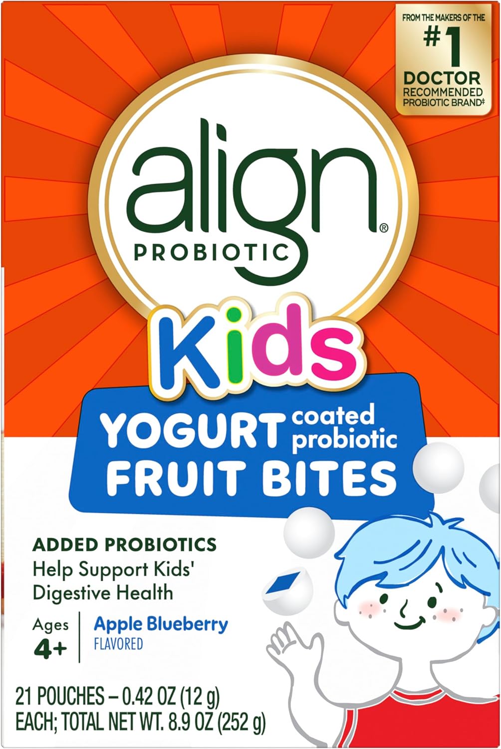 Align Probiotic, Kids Yogurt Coated Probiotic Fruit Bites, Added Probiotics Help Support Kids' Digestive Health, Apple Blueberry Flavored, 21 Individually Wrapped Pouches, 105 Bites