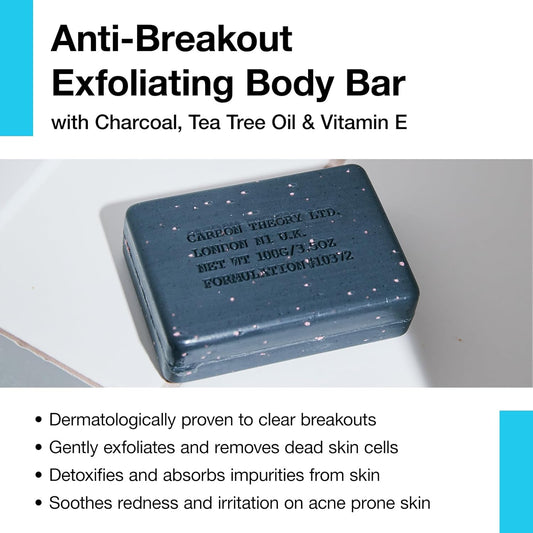 Carbon Theory Body Scrub Exfoliator Bar - Activated Charcoal Soap Bar, Tea Tree Body Wash Bar - Shea Butter, Charcoal And Tea Tree Soap Bar - Back & Body Spot Treatment, 100G