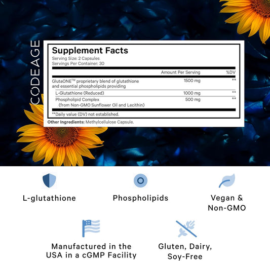 Codeage Liposomal Glutathione 1000 Mg, Glutaone Antioxidant Phospholipid Complex, L-Glutathione Reduced Capsules Supplement, Non-Gmo Sunflower Oil & Lecithin Essential Phospholipids, Vegan, 60 Ct