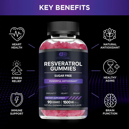 Resveratrol Gummies 1500mg - Sugar Free Resveratrol Supplement for Antioxidant Support, Immunity, Heart Health, Brain Function - Natural Raspberry Watermelon Flavor (90 Count)