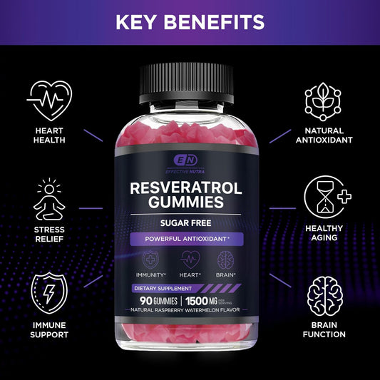 Resveratrol Gummies 1500Mg - Sugar Free Resveratrol Supplement For Antioxidant Support, Immunity, Heart Health, Brain Function - Natural Raspberry Watermelon Flavor (90 Count)