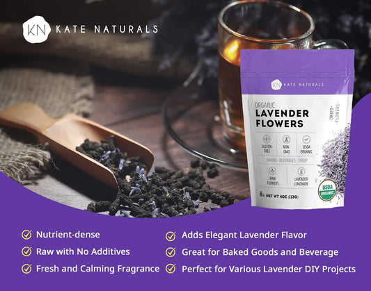 Dried Lavender Flowers for Tea and Soap Making (4oz) - Kate Naturals. USDA Organic Dried Flowers From Lavender Plant for Lavender Tea & Lemonade. Culinary Lavender and Edible Lavender Buds