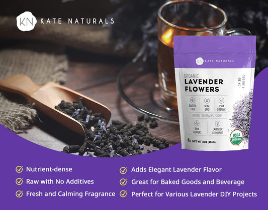 Kate Naturals Dried Lavender Flowers For Tea, Soap Making, And Lemonade. Culinary Lavender And Edible Lavender Buds (4Oz, Organic, Food Grade)