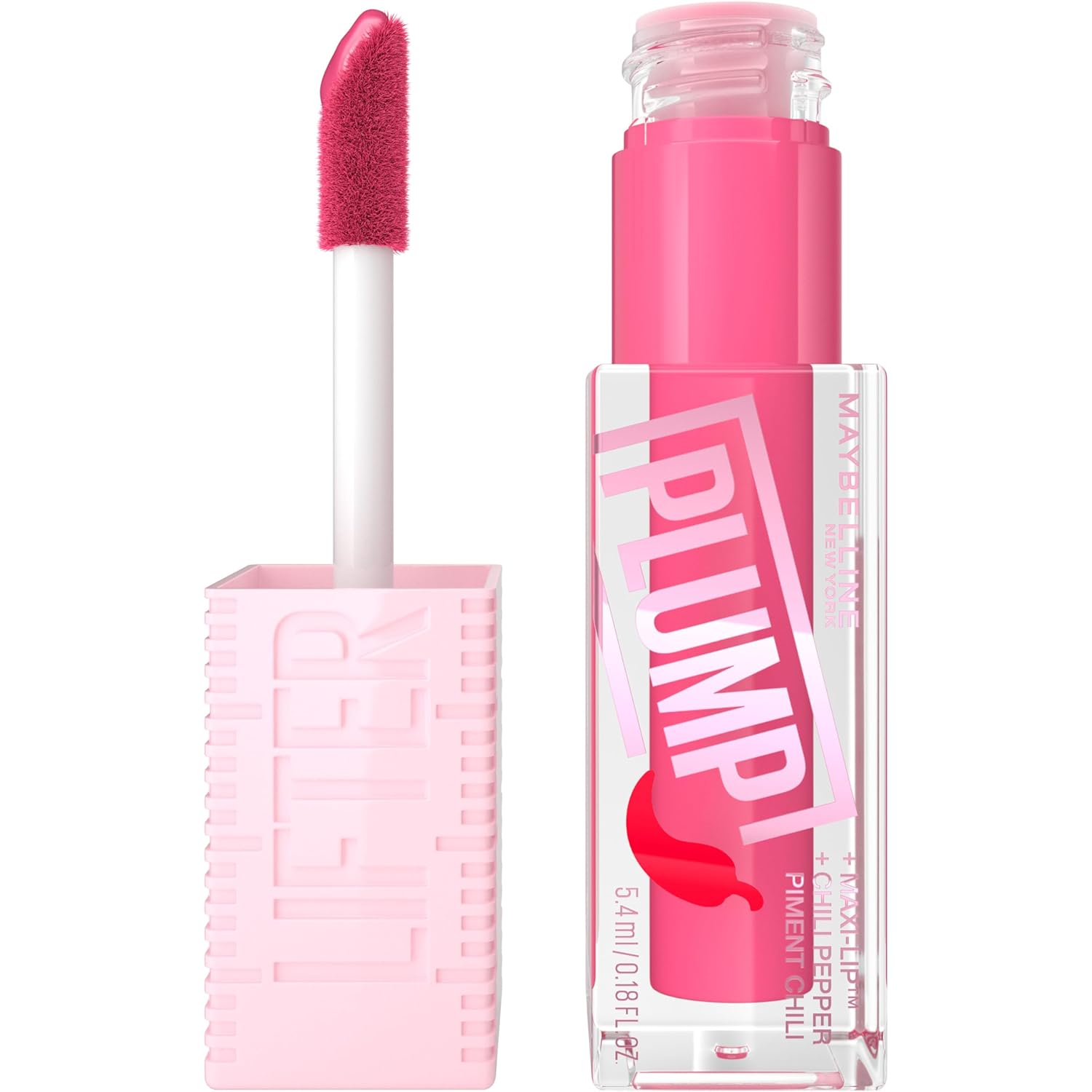 Maybelline Lifter Gloss Lifter Plump, Plumping Lip Gloss With Chili Pepper And 5% Maxi-Lip, Pink Sting, Sheer Bubblegum Pink, 1 Count