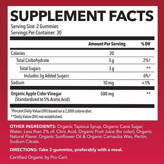 Apple Cider Vinegar Gummies - Organic Acv Vitamins For Digestive Health, Metabolism & Gut Support - 30 Count - Vegan, Non-Gmo, Gluten-Free - Delicious Flavor & No Harsh Taste - 15 Day Supply