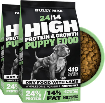 Bully Max Puppy Food 24/14 High Protein & Growth Formula - Dry Dog Food With Lamb & Rice For Small & Large Breed Puppies - Natural, Slow-Cooked, Sensitive Stomach Pet Food - 10Lbs (2 Bags, 5 Lbs Each)