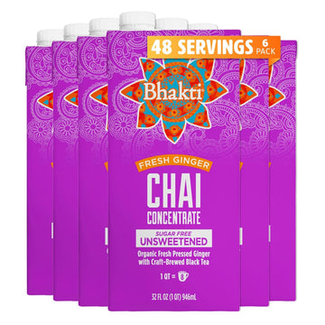 Bhakti Chai Ginger & Black Tea Concentrate | Organic, Vegan, Fair Trade, Kosher, Gluten-Free, Sugar-Free | Original (Unsweetened), 32 Oz (Pack Of 6)