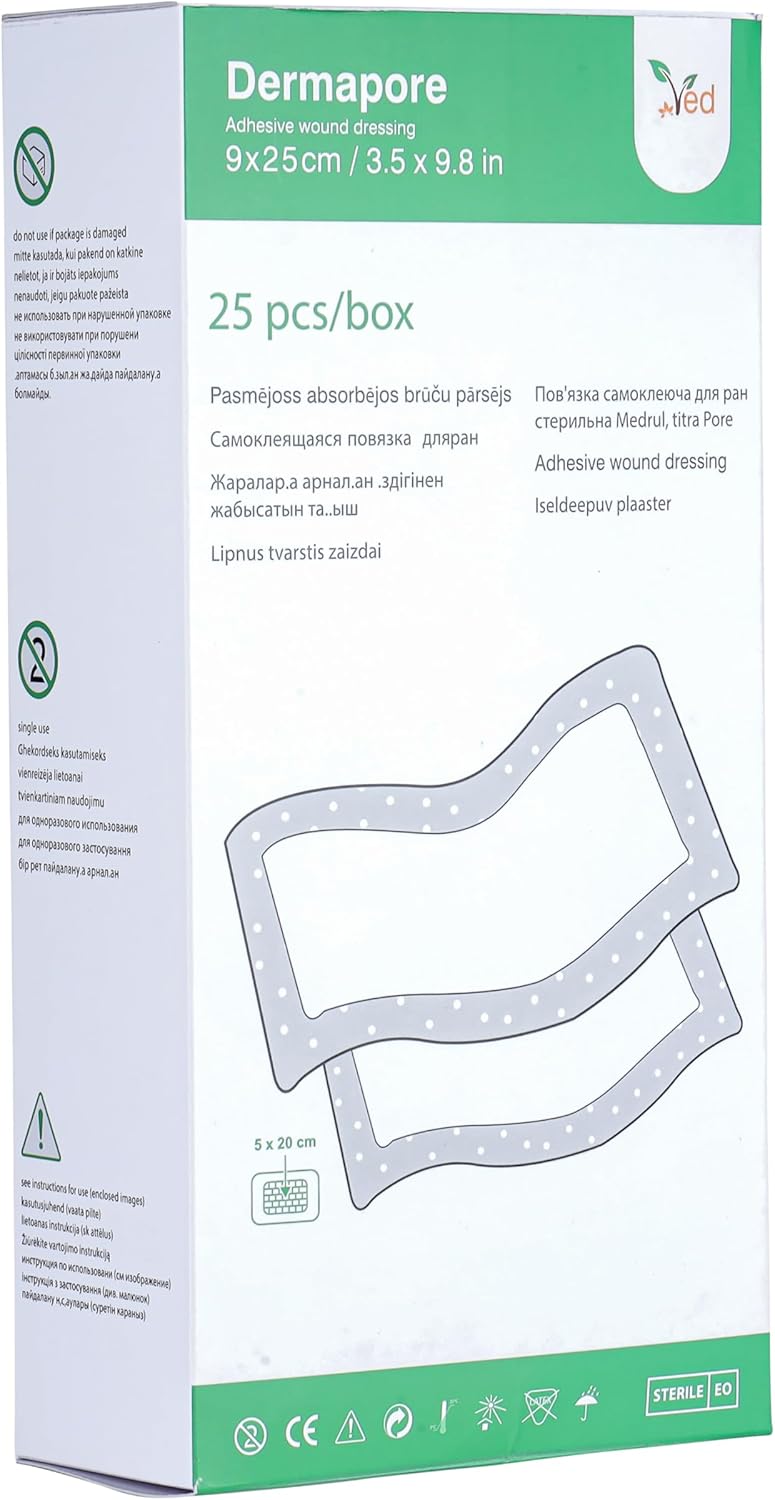Ved Dermapore Adhesive Wound Dressing- Suitable For Cuts And Grazes, Diabetic Leg Ulcers, Venous Leg Ulcers, Small Pressure Sores- Medium, 9X 15Cm (Pack Of 5)