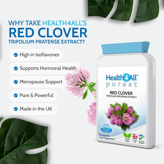 Health4All Red Clover 4500Mg 60 Capsules 2 Months Supply, High Strength Extract 24Mg Isoflavones Each Capsule, Menopause Support & Hormone Balance Vegan Supplement | Made In Uk