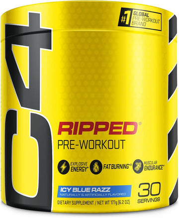 Cellucor C4 Ripped Pre Workout Powder ICY Blue Razz | Creatine Free + Sugar Free Preworkout Energy Supplement for Men & Women | 150mg Caffeine + Beta Alanine | 30 Servings