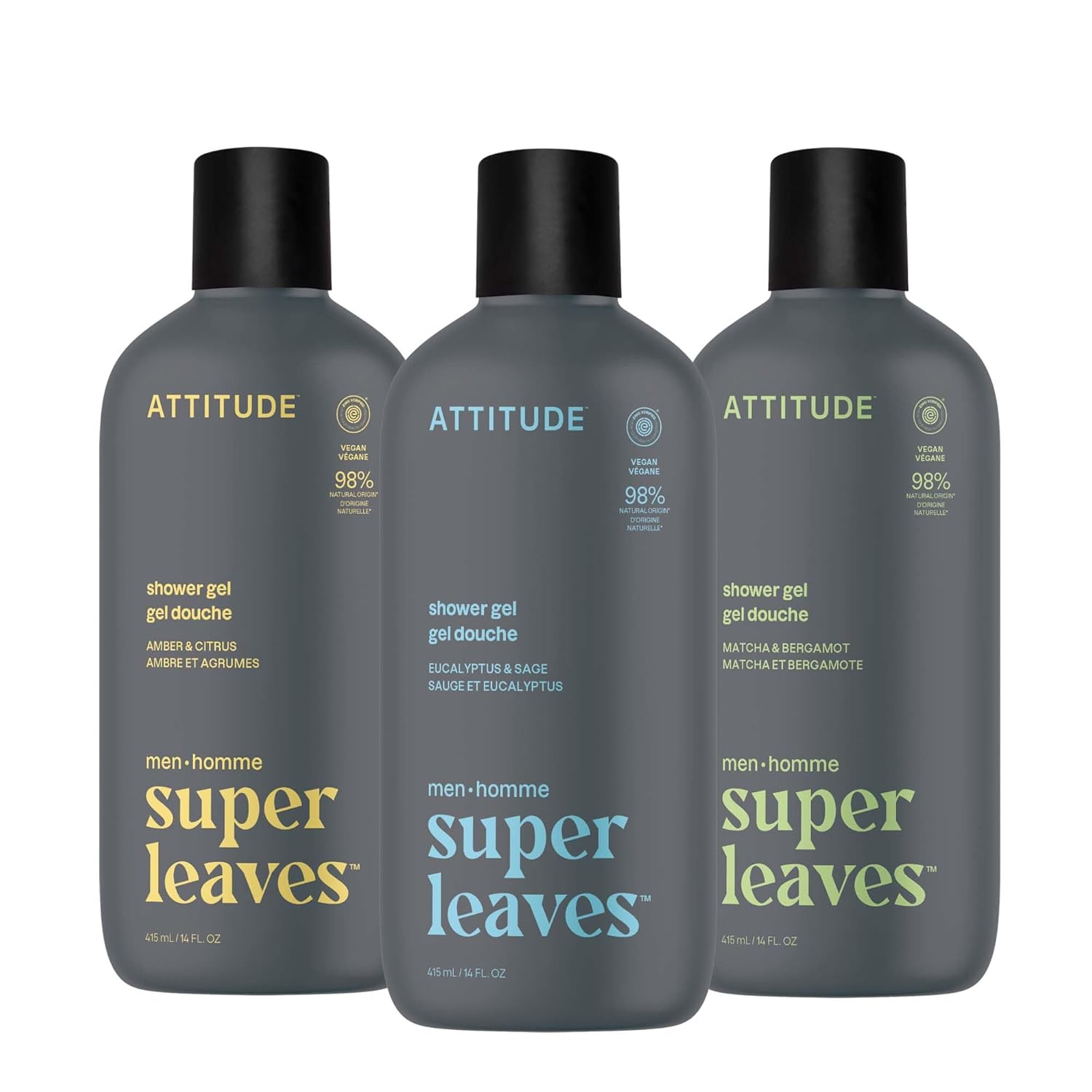 Attitude Shower Gel Trio For Men, Ewg Verified Body Wash With Natural Origin Ingredients, Paraben & Phthalate Free, 3 Bottles Of 14 Fl Oz