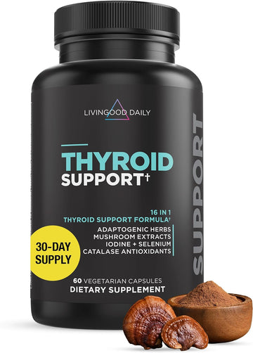 Livingood Daily Thyroid Support for Women & Men, 60 Vegetarian Capsules - Adaptogenic Herbs, Selenium & Iodine Supplement (from Kelp & Fronds) Support Metabolism, Hormone Balance, Mood, Thyroid Health