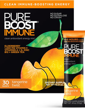 Pureboost Immune Clean Energy Booster, Refreshing Energy Drink Mix And Immunity Supplement With Elderberry, 1,200 Mg Vitamin C, Vitamins A + D, And Zinc. (Tangerine Twist, 30 Count)