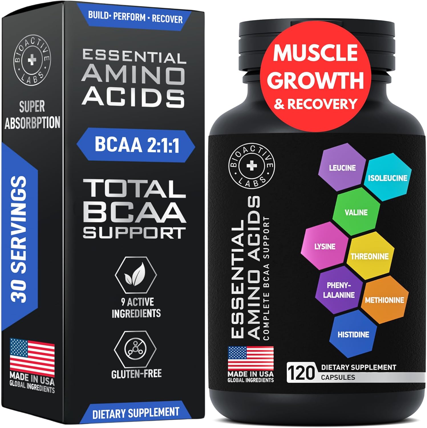 Essential Amino Acids Supplement For Women & Men - Vegan Bcaa Amino Acid Complex For Muscle Growth With All 9 Bcaas Essential Aminos - Advanced Workout Power & Recovery Formula - 120 Eaa Bcaa Pills