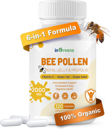 Organic 6-In-1 Bee Pollen Supplement - 2000Mg Per Serving - Bee Pollen For Women & Men - Superfood For Immune & Energy Support - Non-Gmo, Made In Usa - 120 Capsules