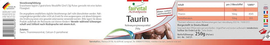 Fairvital | Taurine 250 g powder - Extra high dosage - with thiamine and pantothenic acid - Pure, without additives - 100% vegan - for 4.5 months - Quality tested - Made in Germany