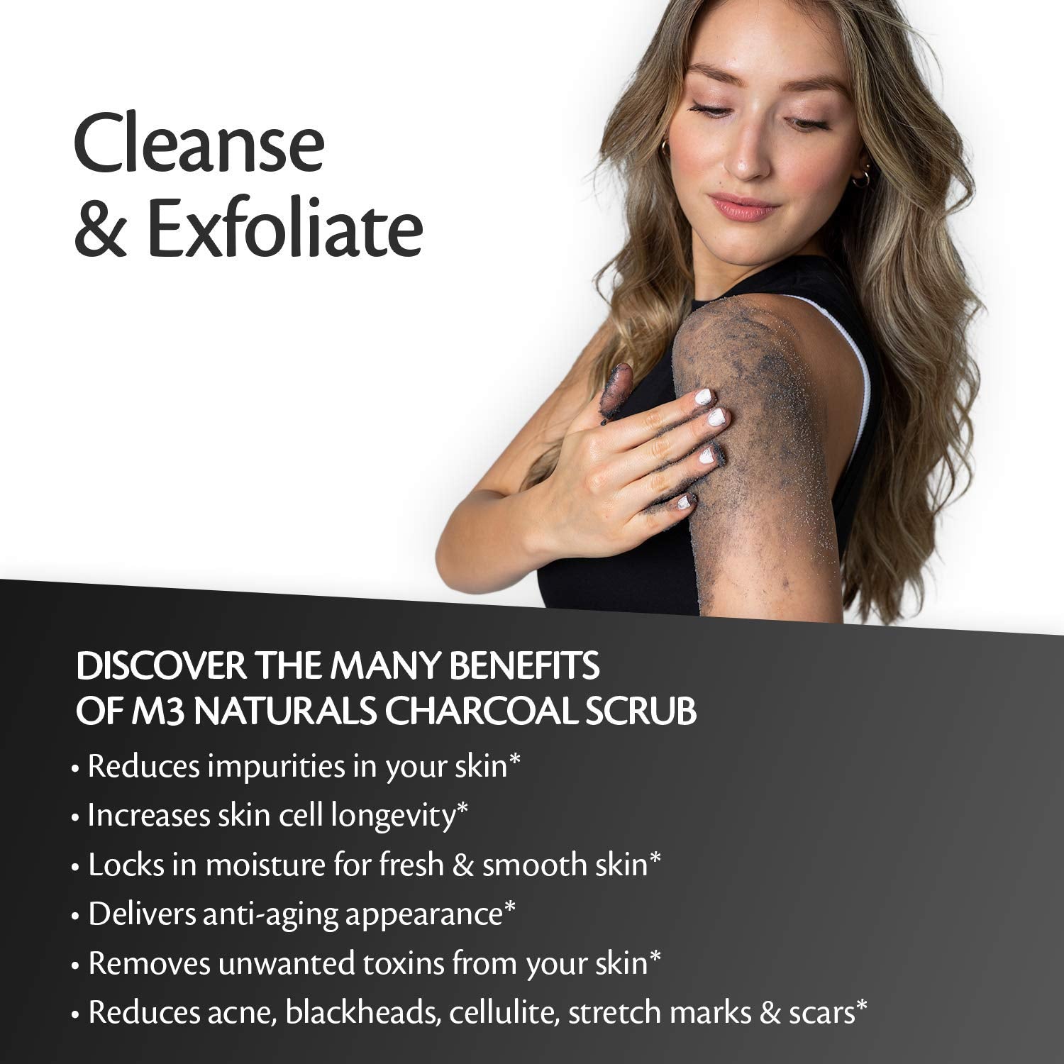 Charcoal Scrub Face Foot & Body Exfoliator Infused with Collagen and Stem Cell Natural Exfoliating Salt Body Scrub for Toning Skin Cellulite Skin Care Body by M3 Naturals Pack of 2 : Beauty & Personal Care