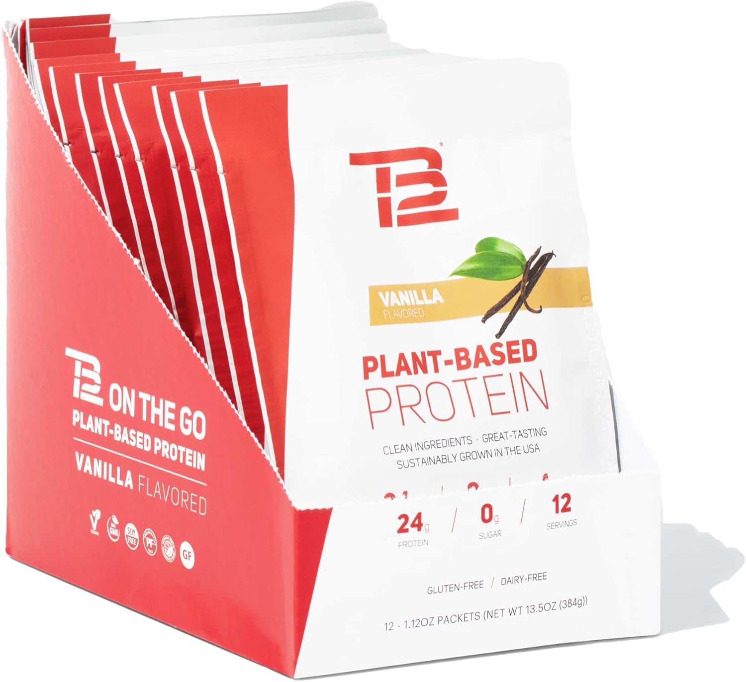 Tb12 Plant Based Protein Powder By Tom Brady, 24G Of Vegan Pea Protein, Low Sugar, Low Carb, Non-Gmo, Meal Replacement, Keto Friendly, Paleo, Sugar Free, Vanilla Flavor (1.12 Ounce, Pack Of 12)