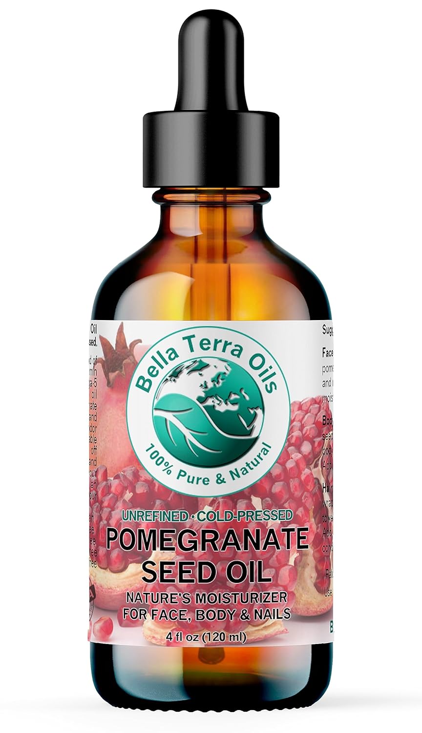 Bella Terra Oils - Organic Pomegranate Seed Oil 4 oz - A Powerhouse of Nutrients & Essential Fatty Acids, Delightfully Cold-Pressed for Pure Skin Nourishment