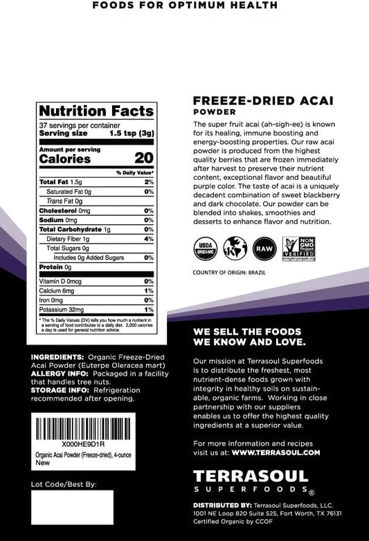 Terrasoul Superfoods Organic Acai Berry Powder, 4 Oz, Freeze-Dried For Freshness, Omega Fats Boost For Smoothie Bowls, And Antioxidant-Packed Superfoods Recipes