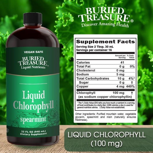 Buried Treasure Liquid Chlorophyll 100 mg, 32oz Spearmint Flavor Dietary Supplement, Intestinal Digestive Support Natural Body Deodorant Vegan Non-GMO Alcohol Free