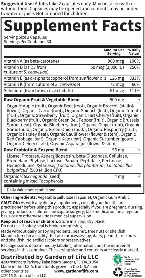 Garden of Life Vitamin E - Vitamin Code Raw Vitamin E Supplement with Vitamins A, D & K Plus Selenium, Fruit, Veggies & Probiotics, 60 Vegetarian Capsules, 125mg Whole Food Vitamin E for Heart Health : Health & Household