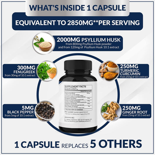 BMVINVOL Premium Psyllium Husk Capsules 2850mg - 4 Months Supply - Fenugreek, Turmeric, Ginger - Supports Digestive Health and Regularity - 240 Capsules
