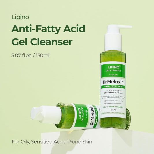 Lipino Anti-Fatty Acid Gel Cleanser For Deep Pore Cleansing, Daily Mild Blackhead Care, Ph Balancing 5.07Fl.Oz