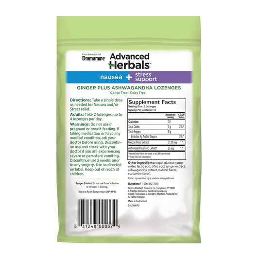 From The Makers Of Dramamine, Advanced Herbals, Nausea And Stress Support With Ginger And Ashwagandha, Tropical Fruit And Ginger Flavored Lozenges, 20 Ct