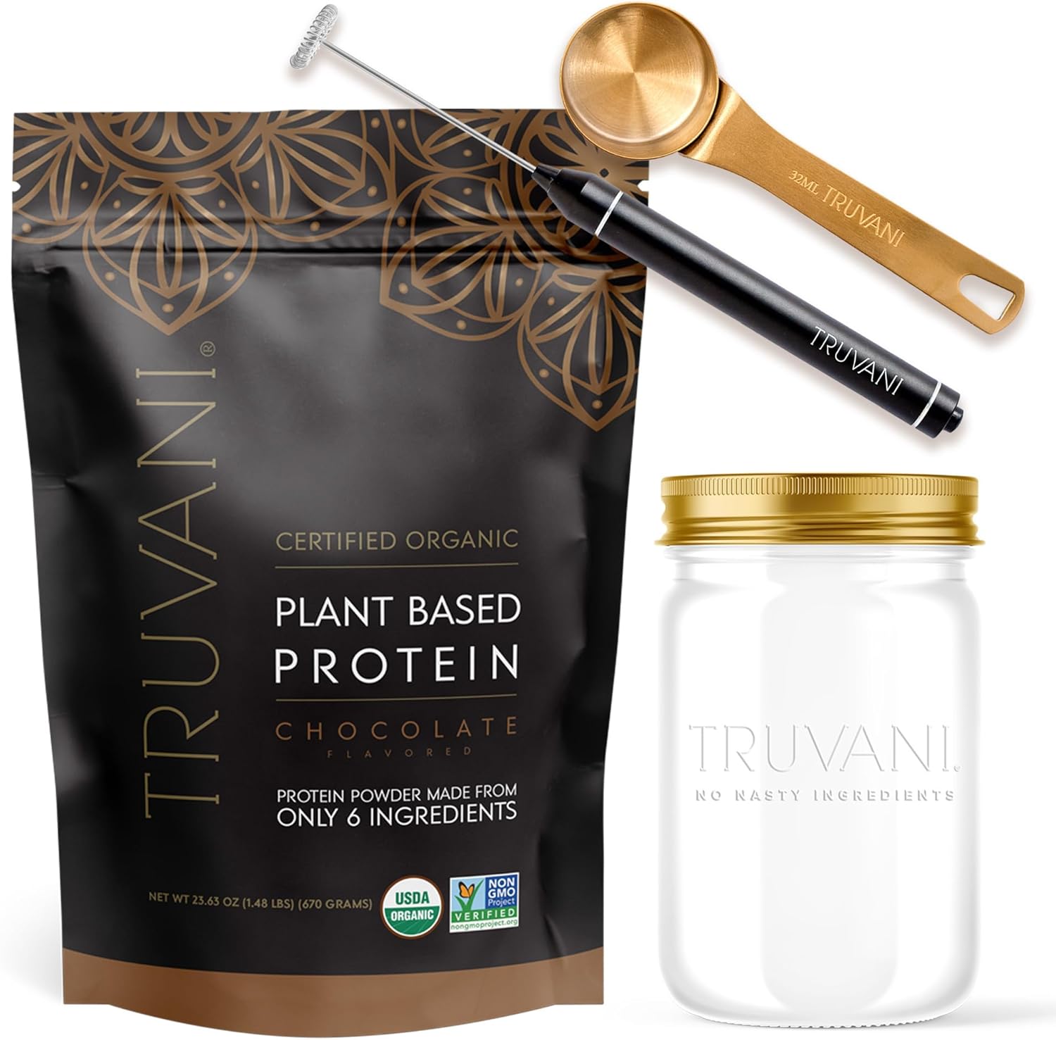 Truvani Vegan Chocolate Protein Powder With Jar, Frother & Scoop Bundle - 20G Of Organic Plant Based Protein Powder - Includes Glass Jar, Portable Mini Electric Whisk & Durable Protein Powder Scoop