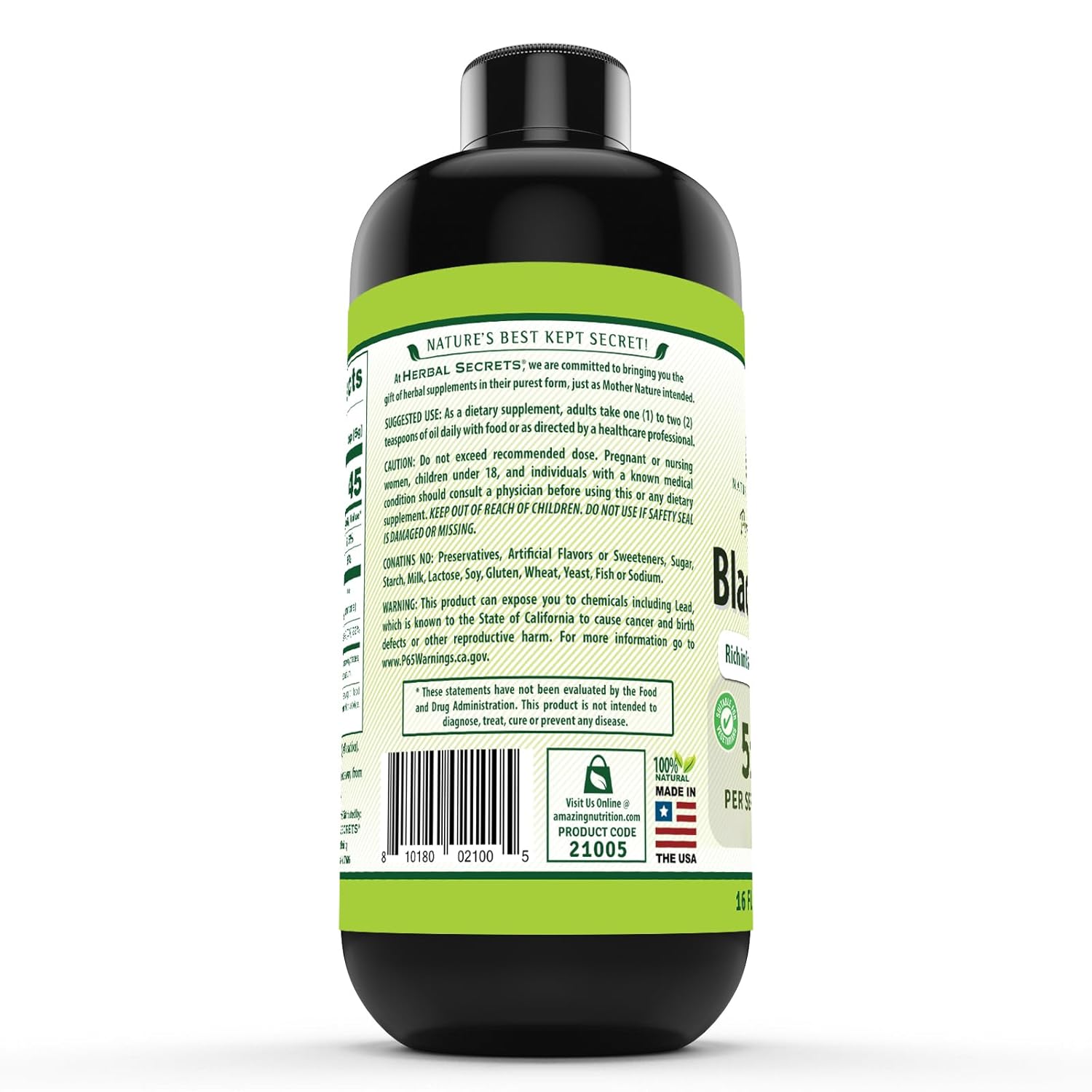 Herbal Secrets Black Seed Oil Supplement | 16 Oz | 5 G Per Serving | Non-GMO | Gluten-Free | Made in USA : Health & Household